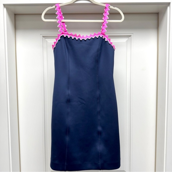 LILLY PULITZER SHELLBEE True Navy Blue Pink Ric Rac Scuba Lined Dress - Picture 5 of 16